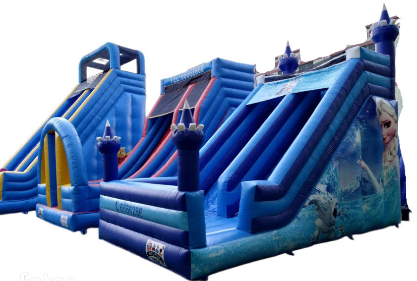Nuovo arrivo scivolo gonfiabile blu asciutto in affitto, scivolo gonfiabile all'aperto a due corsie per bambini